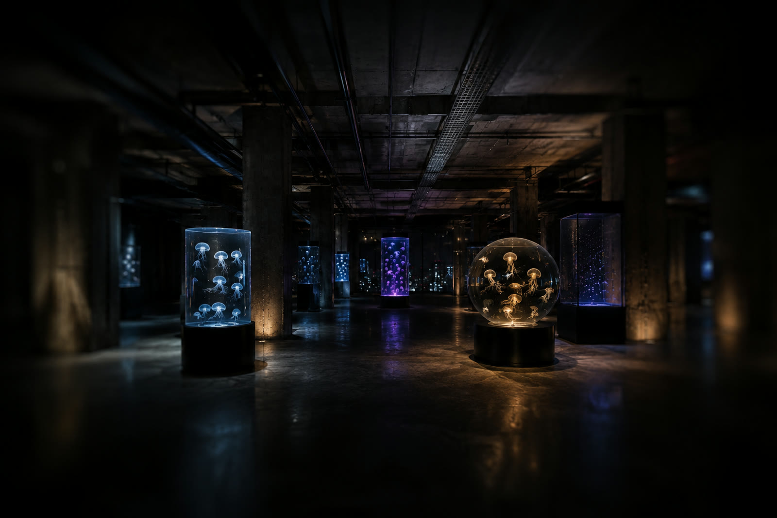 Concept render: cylindrical and spherical jellyfish tanks lit on black plinths, standing like sculptures in a dark concrete hall.