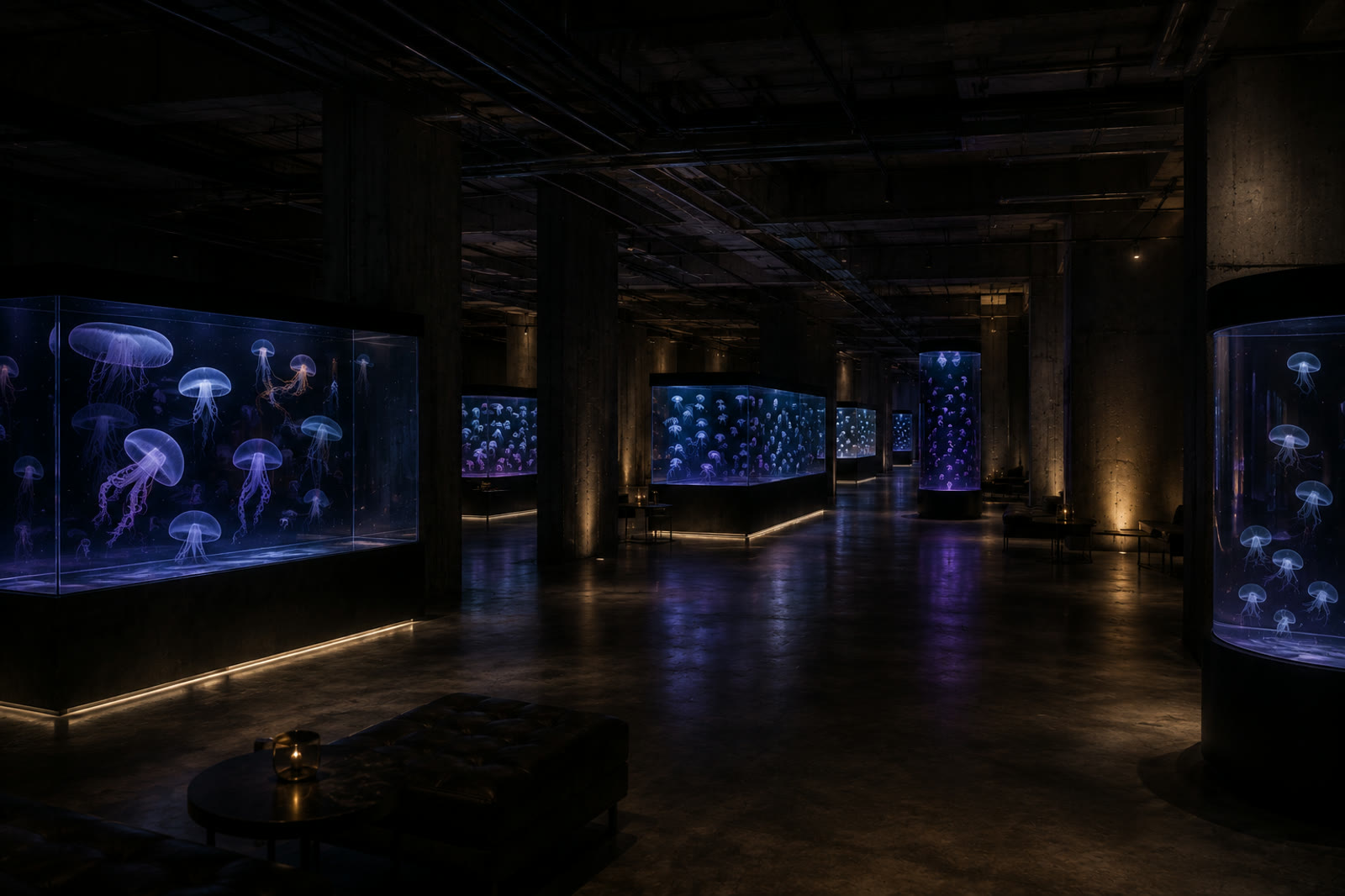 Concept render: a dark, column-lined hall with long illuminated jellyfish tanks along the walls, low seating and candlelit tables on the polished floor.